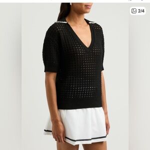 Varley Monte Open-knit Polo Shirt Black Sz S 100% Cotton